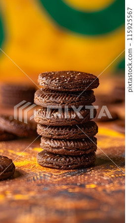 Stacked Traditional Ghana Inspired Chocolate Biscuits on Vibrant Colorful Backdrop Stacked Traditional Ghana Inspired Chocolate Biscuits on Vibrant Colorful Backdrop 115925567