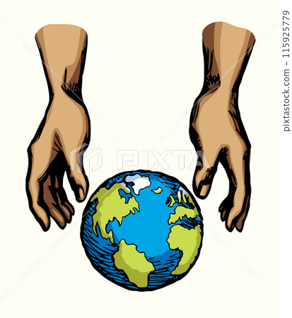 God's hand creates earth. Vector drawing God's hand creates earth. Vector drawing 115925779
