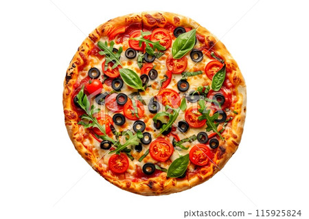 Delicious Italian pizza topped with mushrooms, bell peppers, and spinach, perfect for a healthy meal 115925824