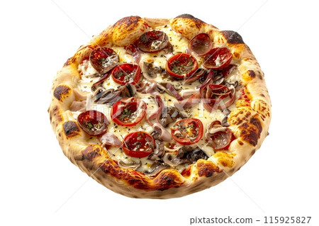 Delicious Italian pizza topped with mushrooms, bell peppers, and spinach, perfect for a healthy meal Delicious Italian pizza topped with mushrooms, bell peppers, and spinach, perfect for a healthy meal 115925827
