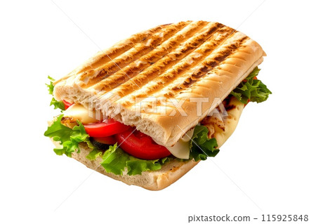 Grilled panini sandwich with fresh tomato and basil with melted cheese on crusty bread isolated on white background 115925848