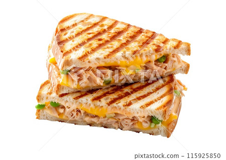 Grilled Tuna Melt panini sandwich on crusty bread isolated on white background Grilled Tuna Melt panini sandwich on crusty bread isolated on white background 115925850