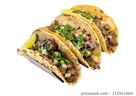 Delicious Mexican Carne Asada tacos filled with fresh ingredients like meat, onions, and cilantro 115925864
