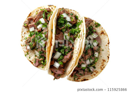 Delicious Mexican Suadero tacos filled with fresh ingredients like meat, onions, and cilantro 115925866