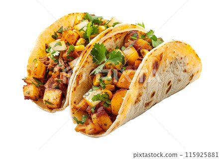 Delicious Mexican Al Pastor tacos filled with fresh ingredients like meat, onions, and cilantro 115925881