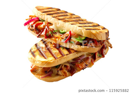 Grilled BBQ Chicken panini sandwich on crusty bread isolated on white background 115925882
