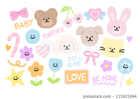 Pastel illustration of teddy bear, puppy, cat, bunny, pink ribbon, cherry, flowers, candy, heart, star for cute animals, zoo, pet shop, vet, spring, summer, cartoon, character, kids, toddler, stickers Pastel illustration of teddy bear, puppy, cat, bunny, pink ribbon, cherry, flowers, candy, heart, star for cute animals, zoo, pet shop, vet, spring, summer, cartoon, character, kids, toddler, stickers 115925894