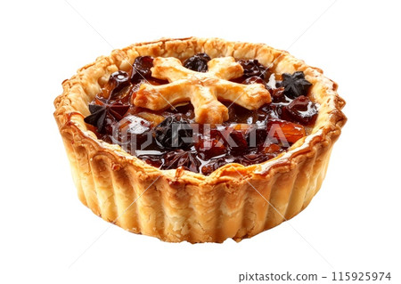 Freshly baked mince pie filling a stunning lattice crust isolated on white transparent background 115925974