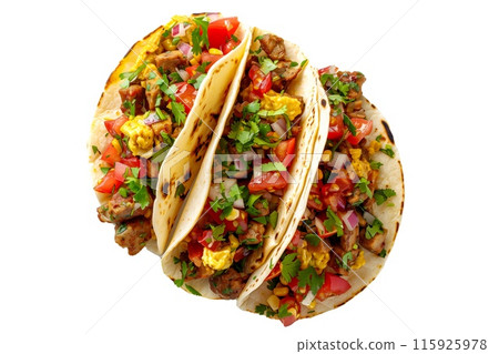 Delicious Mexican Breakfast tacos filled with fresh ingredients like meat, onions, and cilantro Delicious Mexican Breakfast tacos filled with fresh ingredients like meat, onions, and cilantro 115925978