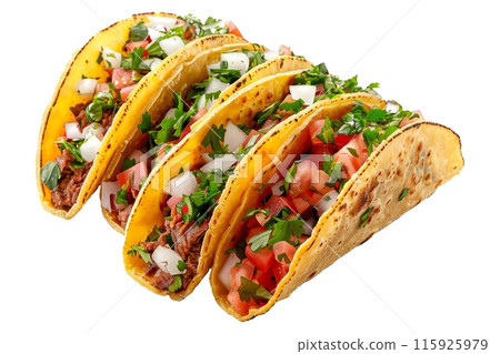 Delicious Mexican tacos filled with fresh ingredients like meat, onions, and cilantro 115925979