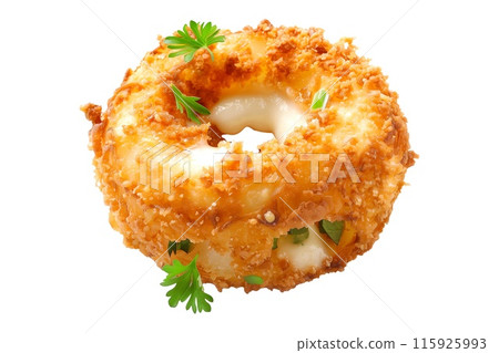 Closeup of stack of crunchy battered onion rings isolated on a white transparent background Closeup of stack of crunchy battered onion rings isolated on a white transparent background 115925993