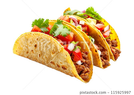Delicious Mexican tacos filled with fresh ingredients like meat, onions, and cilantro Delicious Mexican tacos filled with fresh ingredients like meat, onions, and cilantro 115925997