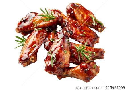 Delicious crispy Honey BBQ chicken wings garnished with fresh cilantro, great for appetizers or main meals 115925999