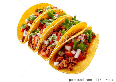 Delicious Mexican Chorizo tacos filled with fresh ingredients like meat, onions, and cilantro 115926005