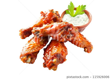 Delicious crispy Ranch chicken wings garnished with fresh cilantro, great for appetizers or main meals 115926006