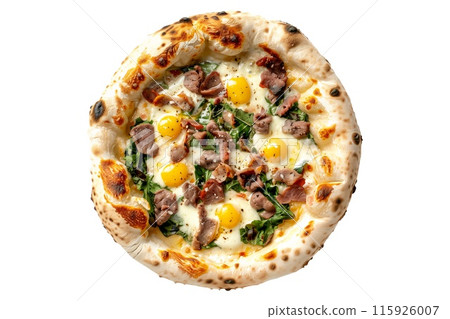 Delicious Italian pizza topped with mushrooms, bell peppers, and spinach, perfect for a healthy meal 115926007