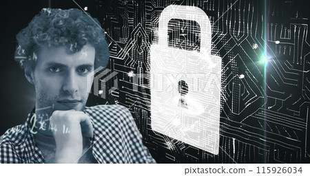 Image of portrait of caucasian man and security padlock icon against microprocessor connections 115926034