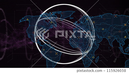 Image of abstract geometrical shape and data processing over world map on black background 115926038