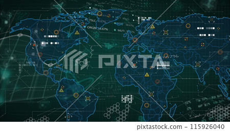 Image of molecular structures against data processing over world map on black background 115926040