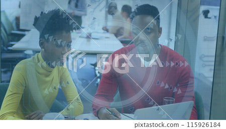 Image of data processing and 6g text over african american business people in office 115926184