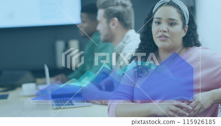 Image of statistical data processing over biracial woman sitting on her desk at office 115926185