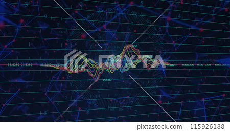 Image of multicolored graphs over floating blue geometric shapes against black background 115926188