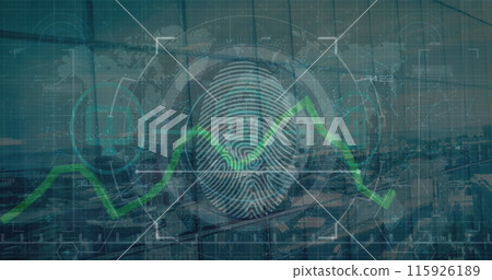 Image of fingerprint scanning in circle, green graph over map against aerial view of city 115926189