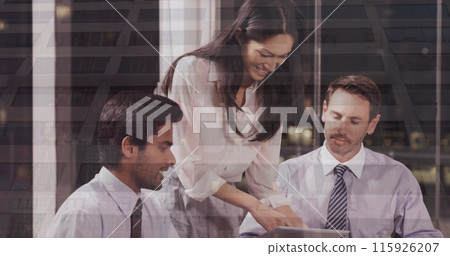 Image of financial data processing over group of business people 115926207