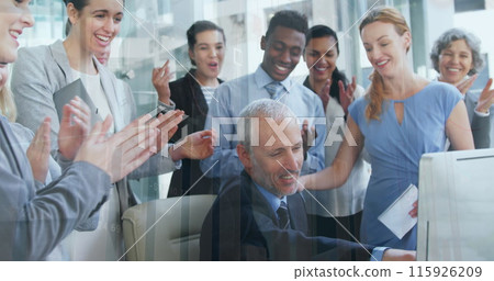 Image of statistical data processing against diverse businesspeople clapping together at office Image of statistical data processing against diverse businesspeople clapping together at office 115926209