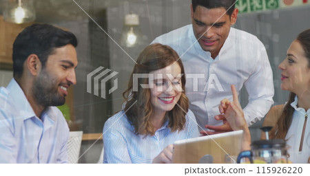 Image of data processing against diverse businesspeople discussing over digital tablet at office Image of data processing against diverse businesspeople discussing over digital tablet at office 115926220