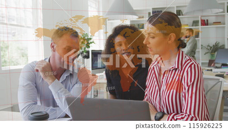 A businessman and two businesswomen are working together in a modern office, looking at a laptop com A businessman and two businesswomen are working together in a modern office, looking at a laptop com 115926225