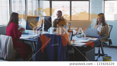 Image of map with numbers over multiracial workers working at desk in office 115926229