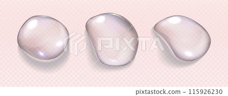 Realistic vector transparent water drops. Premium quality translucent liquid droplet set with beautiful shadows. Freshwater cool icons isolated on transparent background Realistic vector transparent water drops. Premium quality translucent liquid droplet set with beautiful shadows. Freshwater cool icons isolated on transparent background 115926230