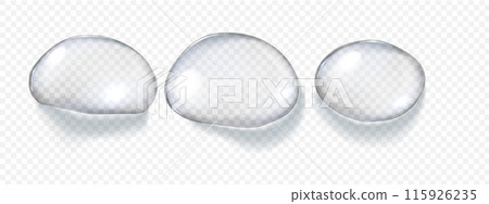 Realistic vector transparent water drops. Premium quality translucent liquid droplet set with beautiful shadows. Freshwater cool icons isolated on transparent background Realistic vector transparent water drops. Premium quality translucent liquid droplet set with beautiful shadows. Freshwater cool icons isolated on transparent background 115926235