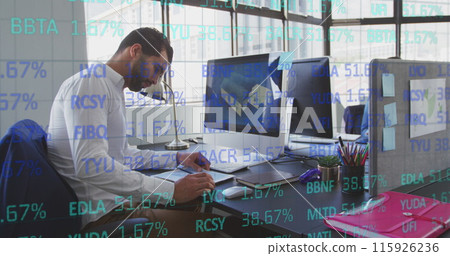 Image of trading board over caucasian male architect writing on notepad at office 115926236