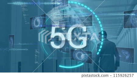 Image of 5g text in circle radars, database over caucasian businessman walking in server room Image of 5g text in circle radars, database over caucasian businessman walking in server room 115926257