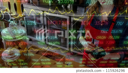 Image of multicolored trading board over caucasian female barista swiping credit card on reader 115926296