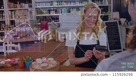 Image of trading board over caucasian female owner taking payment through credit card reader 115926298