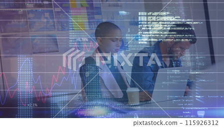 Image of graphs, binary codes, lens flare, programming language, diverse coworkers using laptop Image of graphs, binary codes, lens flare, programming language, diverse coworkers using laptop 115926312
