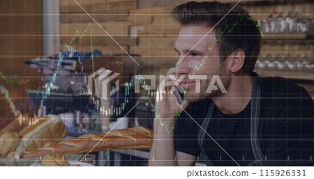 Image of multiple graphs with numbers over caucasian male barista talking on cellphone at cafes 115926331