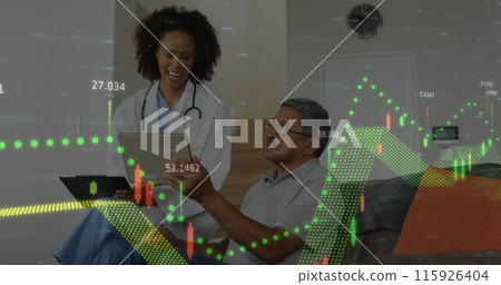 Image of financial data processing over female doctor and patient 115926404