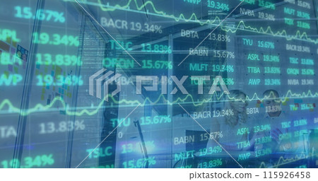 Image of stock market data processing over diverse male and female colleagues discussing Image of stock market data processing over diverse male and female colleagues discussing 115926458