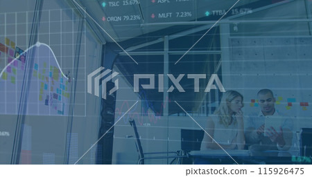 Image of stock market data processing over diverse male and female colleagues discussing 115926475
