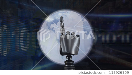 Image of globe and robotic hand over cars on street 115926509
