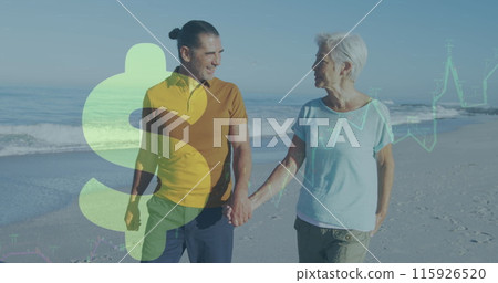 Image of american dollar sign and financial data processing over couple on beach 115926520