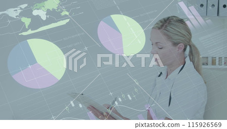 Image of infographic interface over caucasian female doctor writing on clipboard at hospital Image of infographic interface over caucasian female doctor writing on clipboard at hospital 115926569