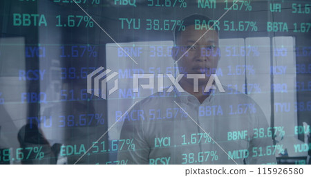 Image of financial data processing over business people in office Image of financial data processing over business people in office 115926580