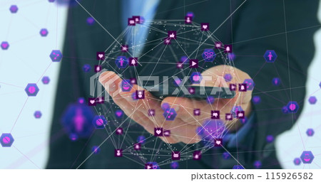 Image of globe of connections with icons over businessman using smartphone Image of globe of connections with icons over businessman using smartphone 115926582