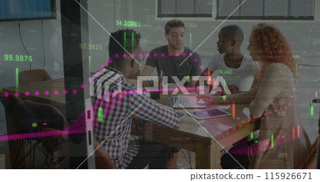 Image of financial data processing over business people in office 115926671