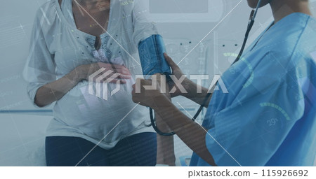 Image of statistics and financial data processing over female doctor and pregnant woman Image of statistics and financial data processing over female doctor and pregnant woman 115926692